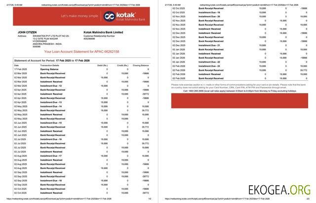 Inde Relevé de compte Kotak Mahindra Bank Modèle Word et PDF, 2 pages